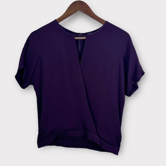 Theory Tops - Theory Purple Plum Silk Short Sleeve Surplice Wrap Blouse Keyhole Neckline Small